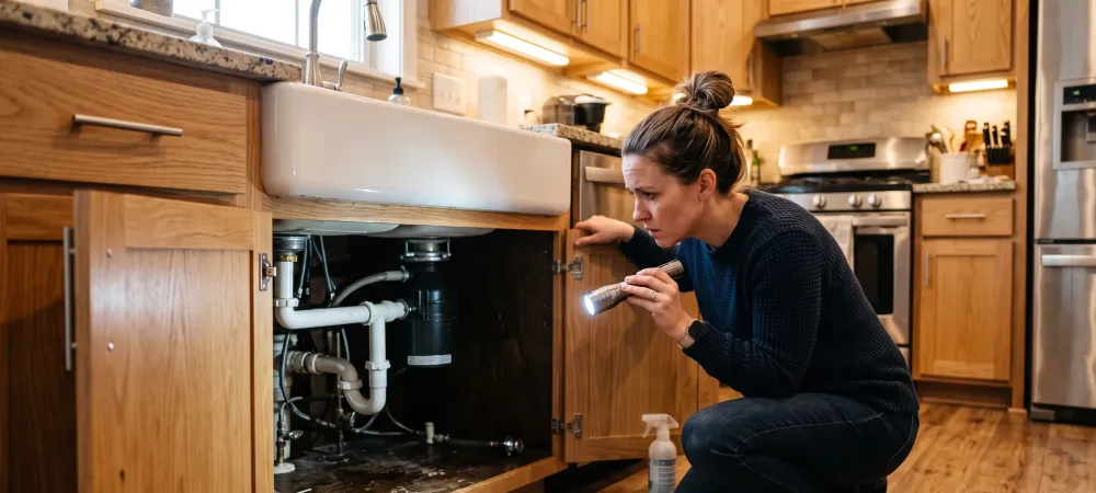 lady looking underneath her sink for roaches
