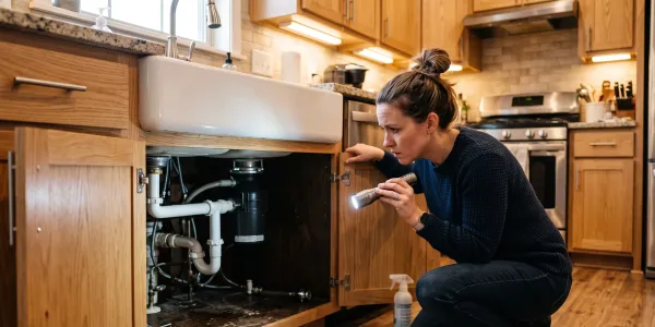 lady looking underneath her sink for roaches